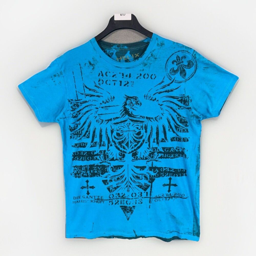 Helix Graphic T-Shirt Mens L Blue Black Eagle Shield Fleur De Lis All Over Print